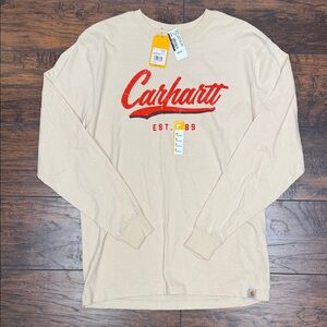 Carhartt Long Sleeve Crewneck Tee in Cream with Red Script Logo